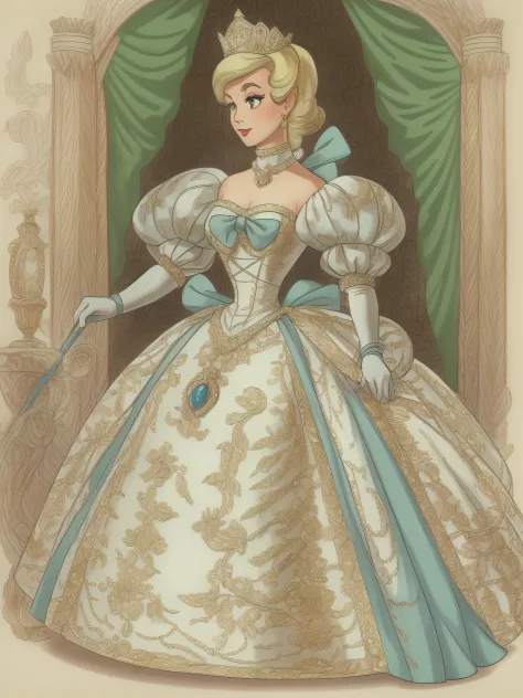 disney cinderella style, formal and official royal portrait of a stunningly beautiful young blonde queen wearing a stately and e...