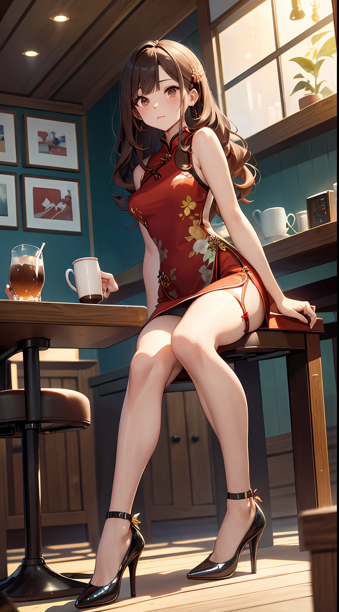 Anime girl sitting at a table with a cup of coffee - SeaArt AI