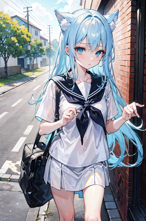 masutepiece,Best quality,ultra - detailed,Two hands,Two legs,Five fingers,best faces,1 girl,light blue long hair,timid,Cat ears,pale blue color eyes, Height 145 cm,small tits,Cat tail,Baby face,timid,a sailor suit,White T-Shirts,a black skirt,White socks,H...