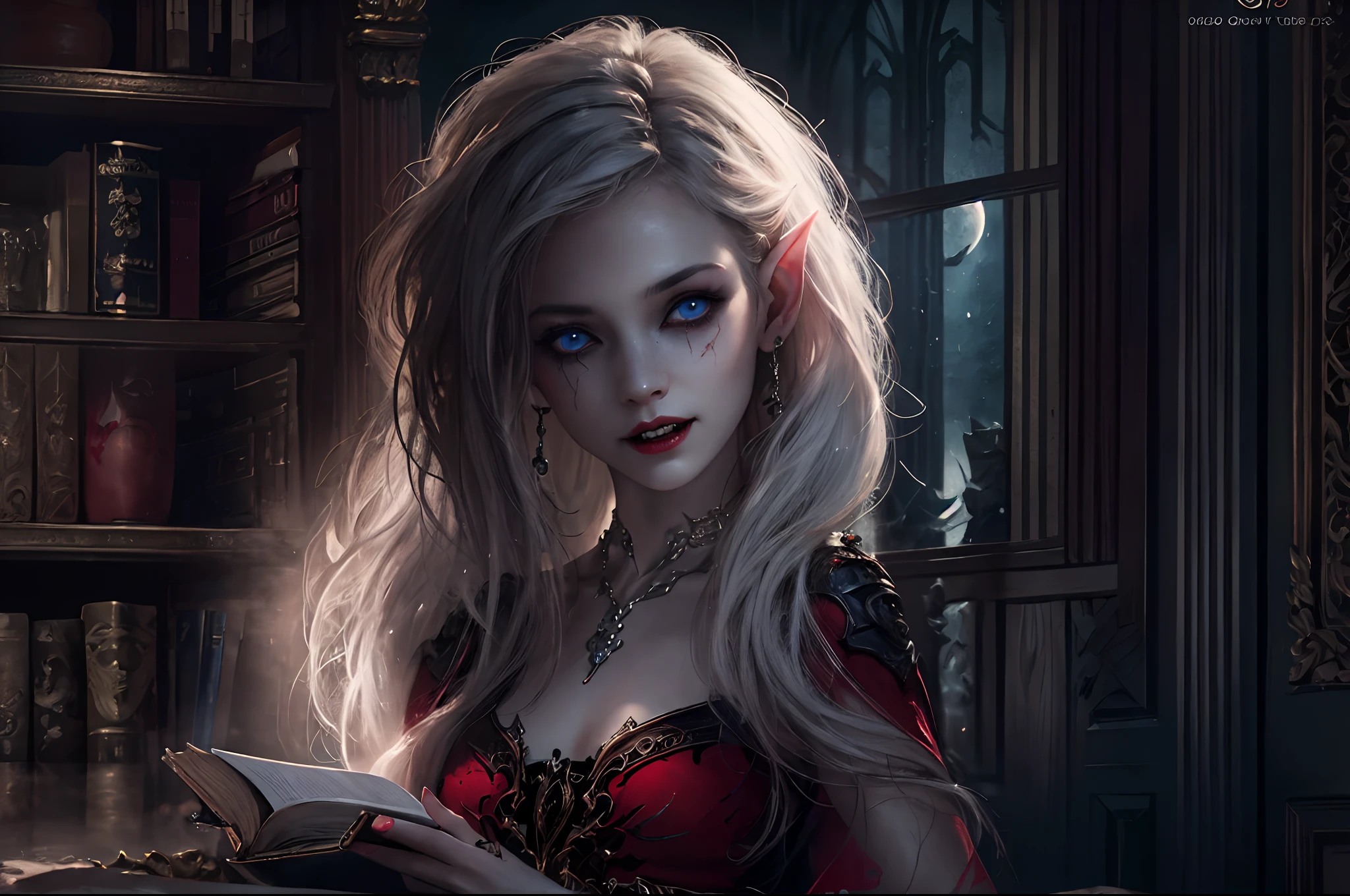a picture of vampire elf in her castle, an exquisite beautiful female vampire elf in her library,  full body (ultra detailed, Masterpiece, best quality), ultra detailed face (ultra detailed, Masterpiece, best quality), grey skin, blond hair, hair in a ponytail, long hair, blue eyes, cold eyes, glowing eyes, intense eyes,  small pointed ears, smirking, smile with [drops of blood on face] (ultra detailed, Masterpiece, best quality), dark red lips, [vampire fangs], wearing white dress (ultra detailed, Masterpiece, best quality), dark blue cloak, high heeled boots in dark fantasy library, book shelves, high details, best quality, 8k, [ultra detailed], masterpiece, best quality, (ultra detailed), full body, ultra wide shot, photorealism, RAW, dark fantasy art, moon light coming through the window, moon rays, gothic art, sense of dread, sense of seduction