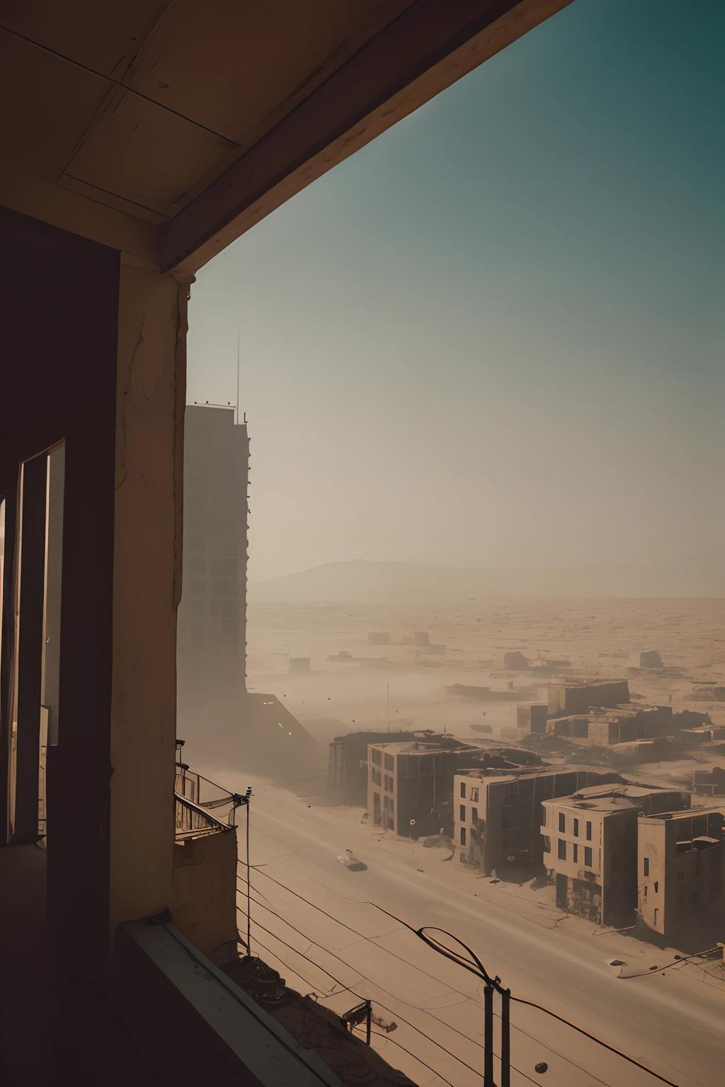 电影剧照, 复古未来塞尔维亚建筑, 沙漠 辐射 后世界末日, 有雾, (从阳台欣赏城市街道景观:1.2), 虚幻引擎, 光线追踪, (灰尘颗粒:1.1), 眩晕, 红色和橙色的雾霾, 沙暴, 乌云密布, 最后生还者, 疯狂的麦克斯, 生化危机, RAW 照片, 超现实的照片, 8K 超高清, 数码单反相机, 自然采光, 高质量, 胶片颗粒, 富士 XT3, 超现实主义, 色彩分级, 体积照明, 体积雾,
