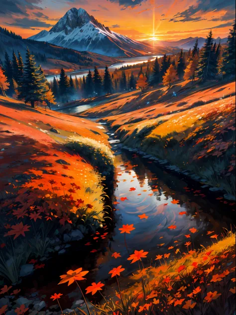 masterpiece,best quality,lycoris,flower field,depth of field,dusk,orange sky,sunset,glow,lake,autumn,maple,fallen leaves, mounta...