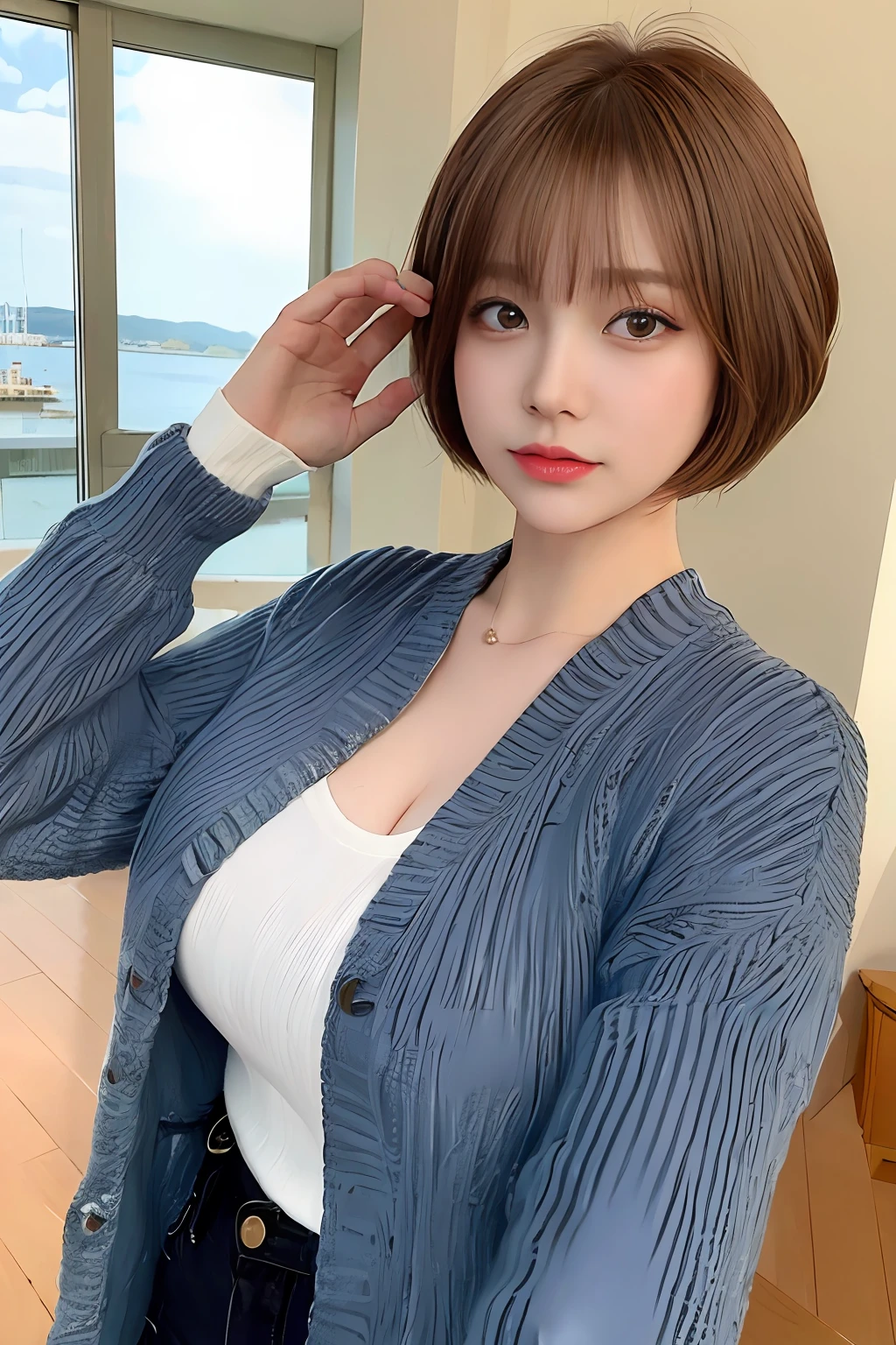 ((Top Quality, 8K, Masterpiece:1.3)), Detailed Woman:1.3, (Medium Shorthair, Big Breasts:1.2), Cardigan:1.1, Ultra Detailed, Detailed, Eyelids