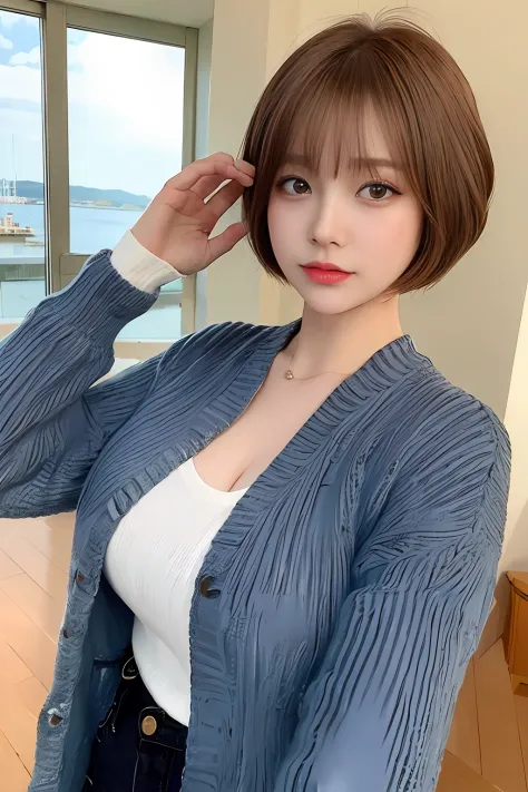 ((Top Quality, 8K, Masterpiece:1.3)), Detailed Woman:1.3, (Medium Shorthair, Big Breasts:1.2), Cardigan:1.1, Ultra Detailed, Det...