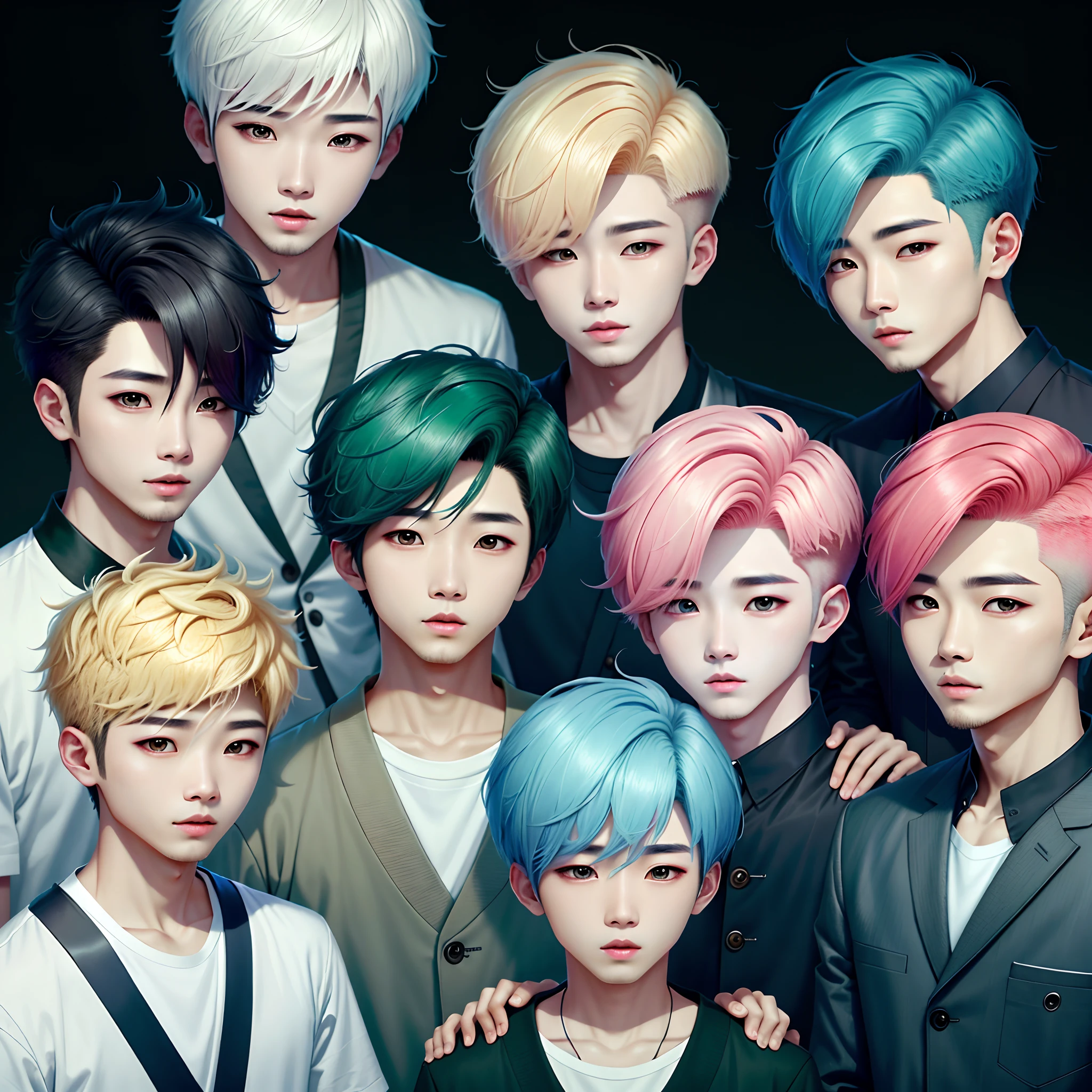 7 корейских мальчиков, к-поп певцы, с прямыми и окрашенными волосами