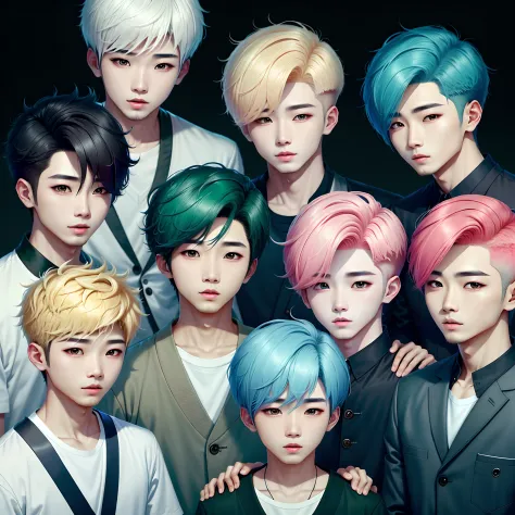 7 boys koreanos, cantores de kpop, com cabelos lisos e coloridos