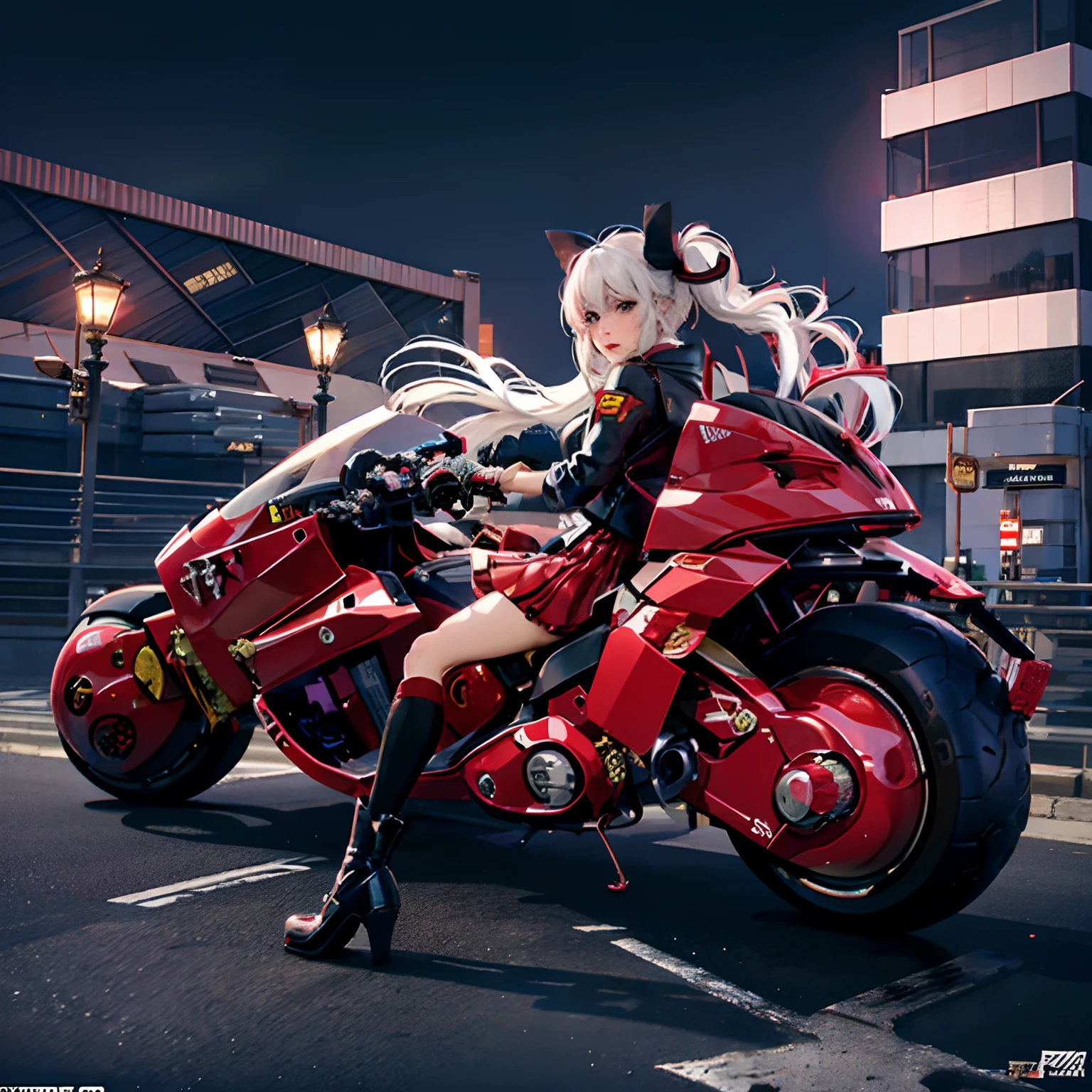 official art, unity 8k wallpaper, ultra detailed, beautiful and aesthetic, masterpiece, best quality, realistic, (succubus), blush, long hair, white hair, streaked hair, red eyes, hair bow, mole under eye,  (black akirabike), riding bike, night, cyberpunk city view, epic screen, school uniform,