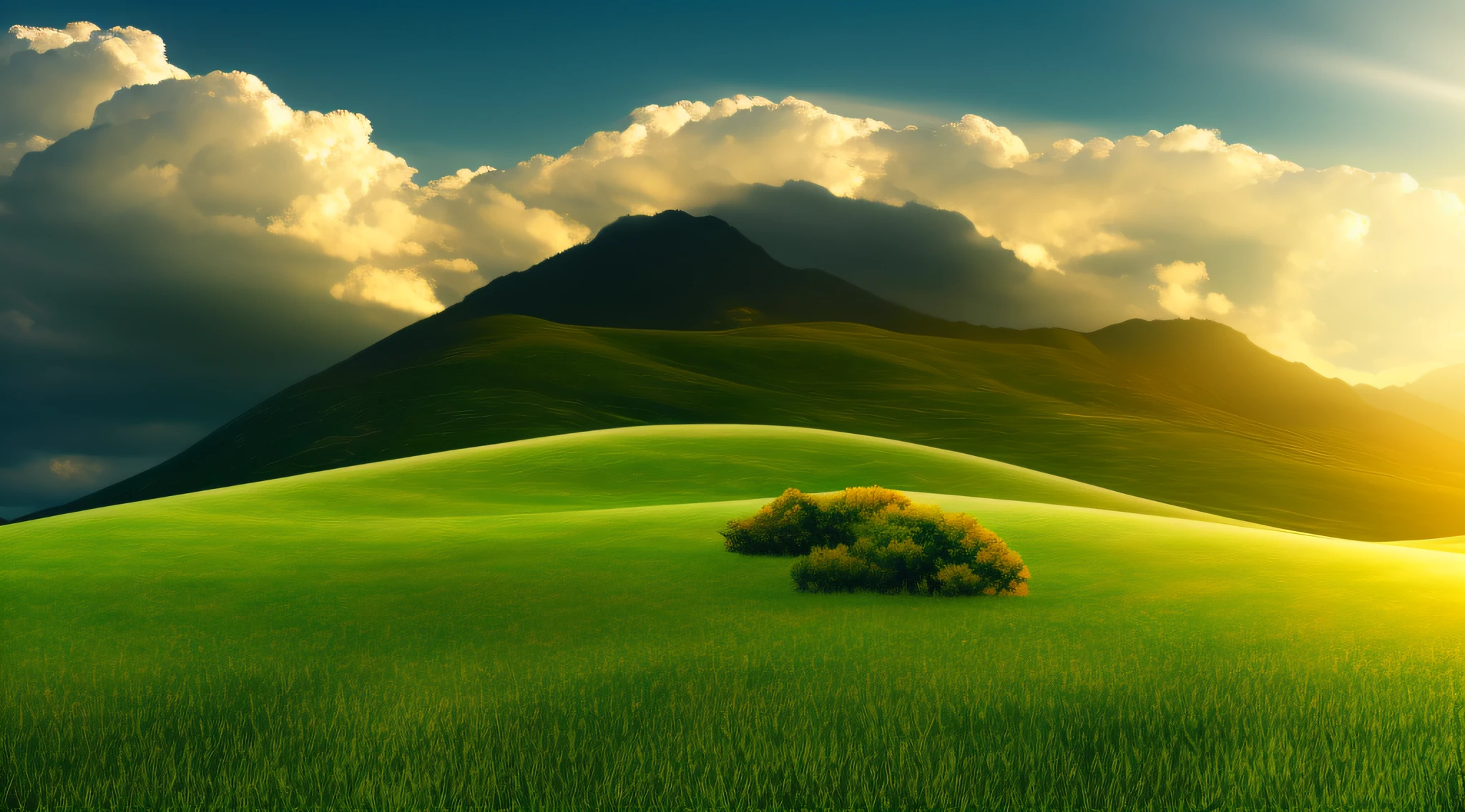 mountain with grass in low part, on top on mountain have cloud, Surrealism, modern, Realism, Verism, ray tracing, reflection light, cinematic lighting, god rays, backlighting, panorama, from outside, retina, high details, best quality, highres, award winning, super detail, ccurate