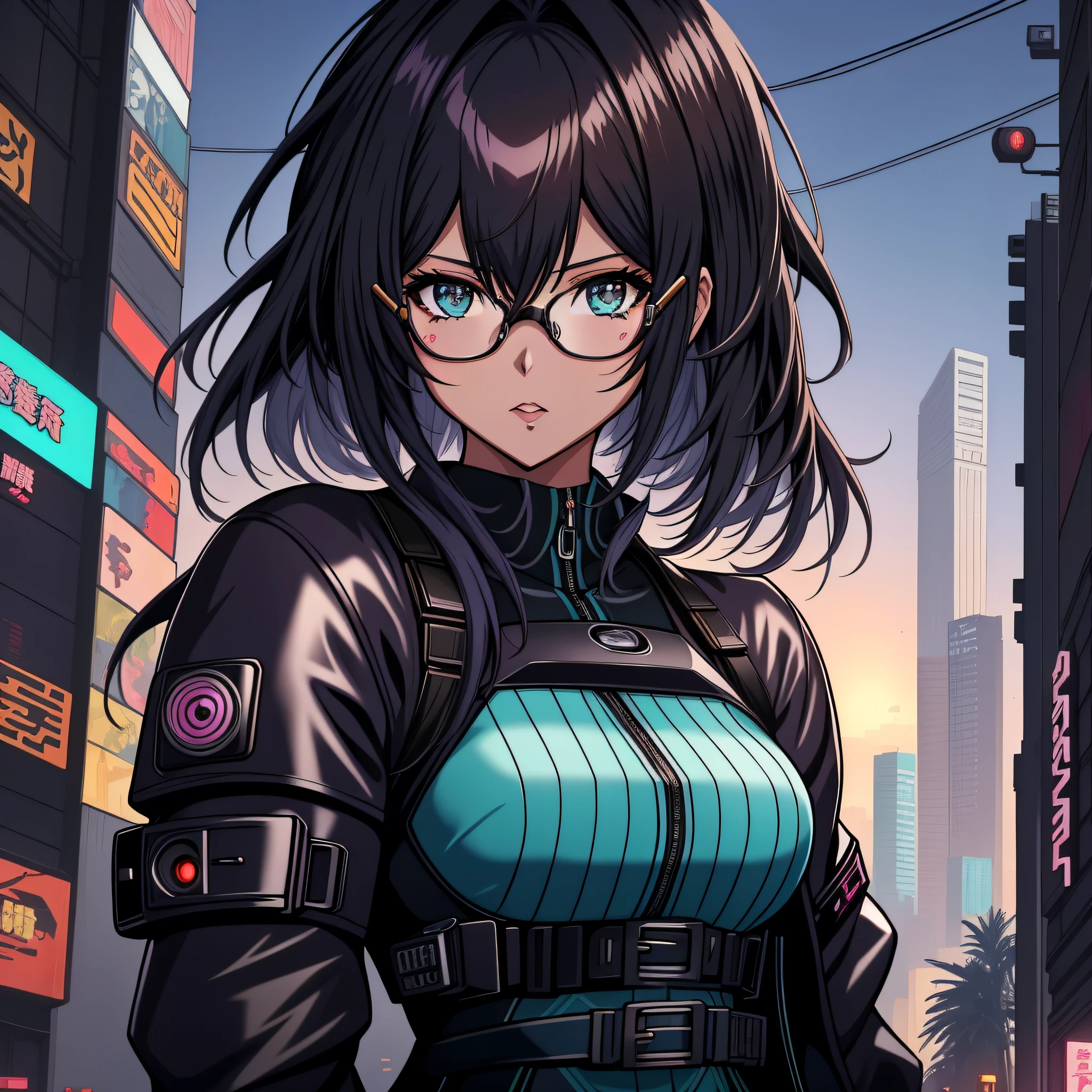 Anime - imagem de estilo 1mulher com olhos azuis e Bblack hair, Bblack hair, thick eyebrow, face of a 27 year old woman, 27 year old young man, cloused mouth, fully body, cyberpunk anime art, (cloused mouth: 1.5), (double eyelid), (Bblack hair: 1.3) wearing dress, digital cyberpunk anime art, cyberpunk anime art, range murata and artgerm, eyeglass, futuristic clothing, (whole body: 1.5), wearing dress, stylish dress, Technological dress, transparent spectacle lenses, 极其详细的Artgerm, modern cyberpunk anime, artgerm and atey ghailan, artgerm and genzoman, cloused mouth