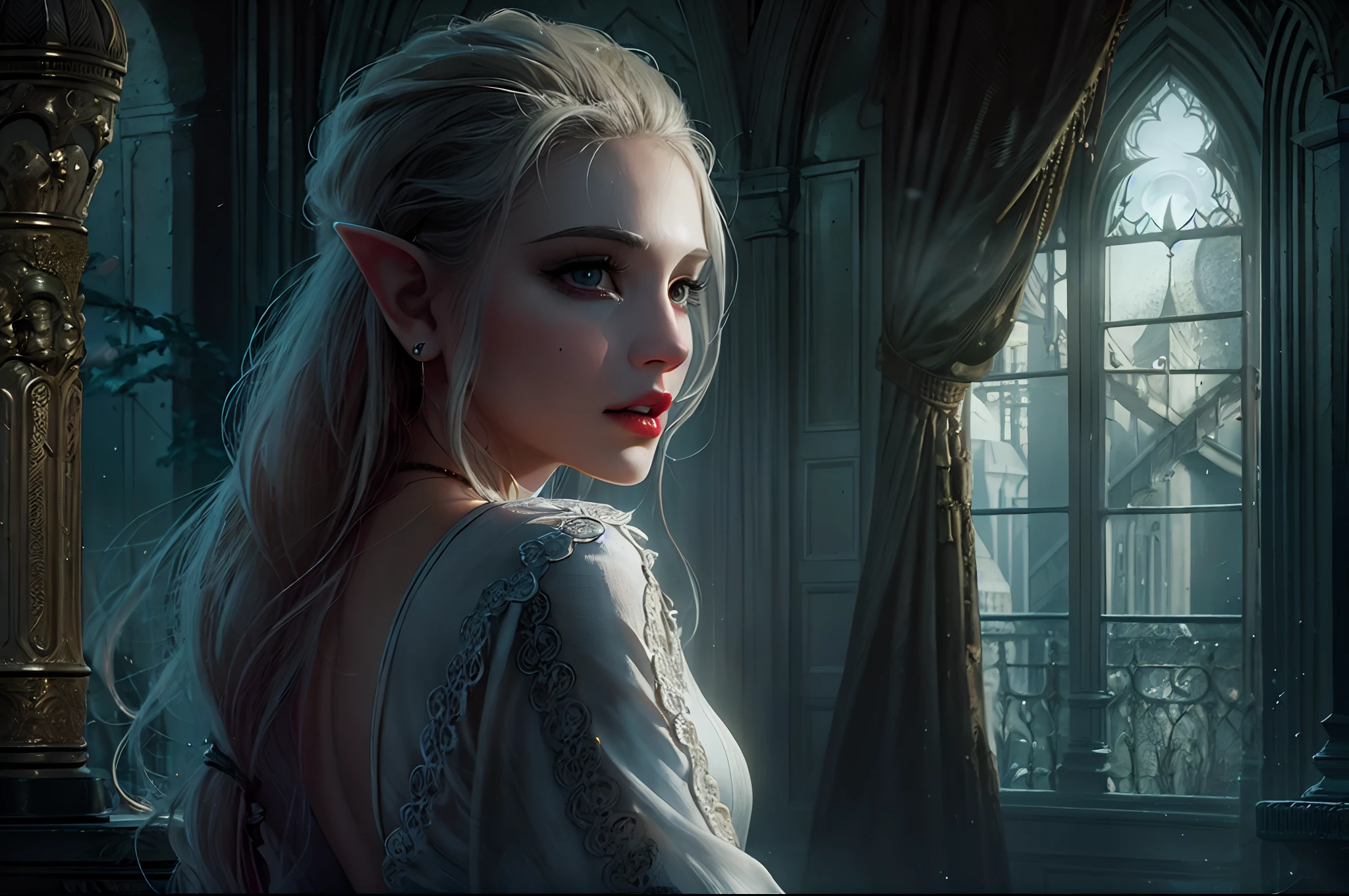 a picture of vampire elf in her castle, an exquisite beautiful female vampire elf in her library,  full body (ultra detailed, Masterpiece, best quality), ultra detailed face (ultra detailed, Masterpiece, best quality), grey skin, blond hair, hair in a ponytail, long hair, blue eyes, cold eyes, glowing eyes, intense eyes,  small pointed ears, smirking, smile with [drops of blood on face] (ultra detailed, Masterpiece, best quality), dark red lips, [vampire fangs], wearing white dress (ultra detailed, Masterpiece, best quality), dark blue cloak, high heeled boots in dark fantasy library, book shelves, high details, best quality, 8k, [ultra detailed], masterpiece, best quality, (ultra detailed), full body, ultra wide shot, photorealism, julie bell, dark fantasy art, moon light coming through the window, moon rays, gothic art, sense of dread, sense of seduction