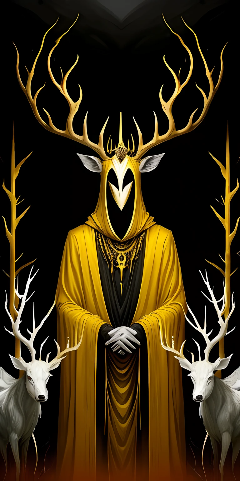 シュールレアリストのペイントスプラッシュペインティング，マントとマスクをまとった不気味な神，鹿の角，ティアラクラウン，背景には壮大な神社があります，金色の，白と黒の配色，（抽象的なres：1.2）