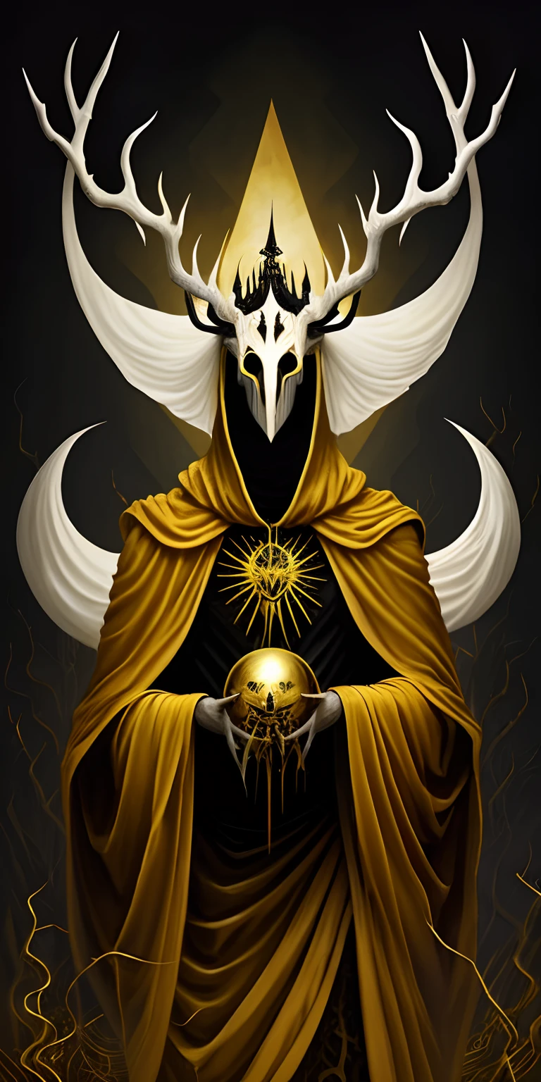 超现实主义的泼墨画，身披斗篷、戴着面具的恐怖神灵，鹿角，头饰皇冠，背景是一座宏伟的神社，金色的，白色和黑色的配色方案，（摘要：1.2）