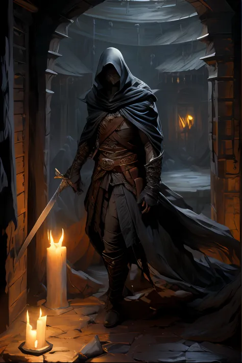 um close up de um homem com uma espada em um quarto escuro, long sword in hands, Wraith com capuz escuro, necromante de capa esc...