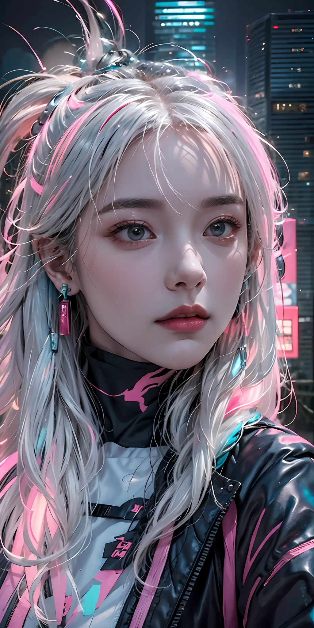 (masutepiece, Best Quality, Night:1.4), (Cowboy Shot, Silver hair:1.9), 8K, absurderes, Beautiful Girl, aldult, (wearable computer:1.4), Cyberpunk, Cybergoth, (cyberpunkoutfit, fluorescence pink accent, glowing pink lines on short jacket:1.5), neons, bracelets and choker, (blazing, Glow, Film grain, chromatic abberation:2), (asian shopping district, Street, Buildings, Skyscraper:1.2), makeup, (cyan earrings:1.3), Sharp Focus, Dark background, Perspective, depth of fields, (very small mechanical device, Rain, nffsw, face lights, Sharp Focus, Dynamic lighting, Cinematic lighting, Professional Shadow, ighly detailed, finely detail, Real Skin:0.8), (Detailed eyes, Sharp pupils, Realistic pupils, dark backgrounds:0.6), (glitch effect:0.8)、a miniskirt、huge tit