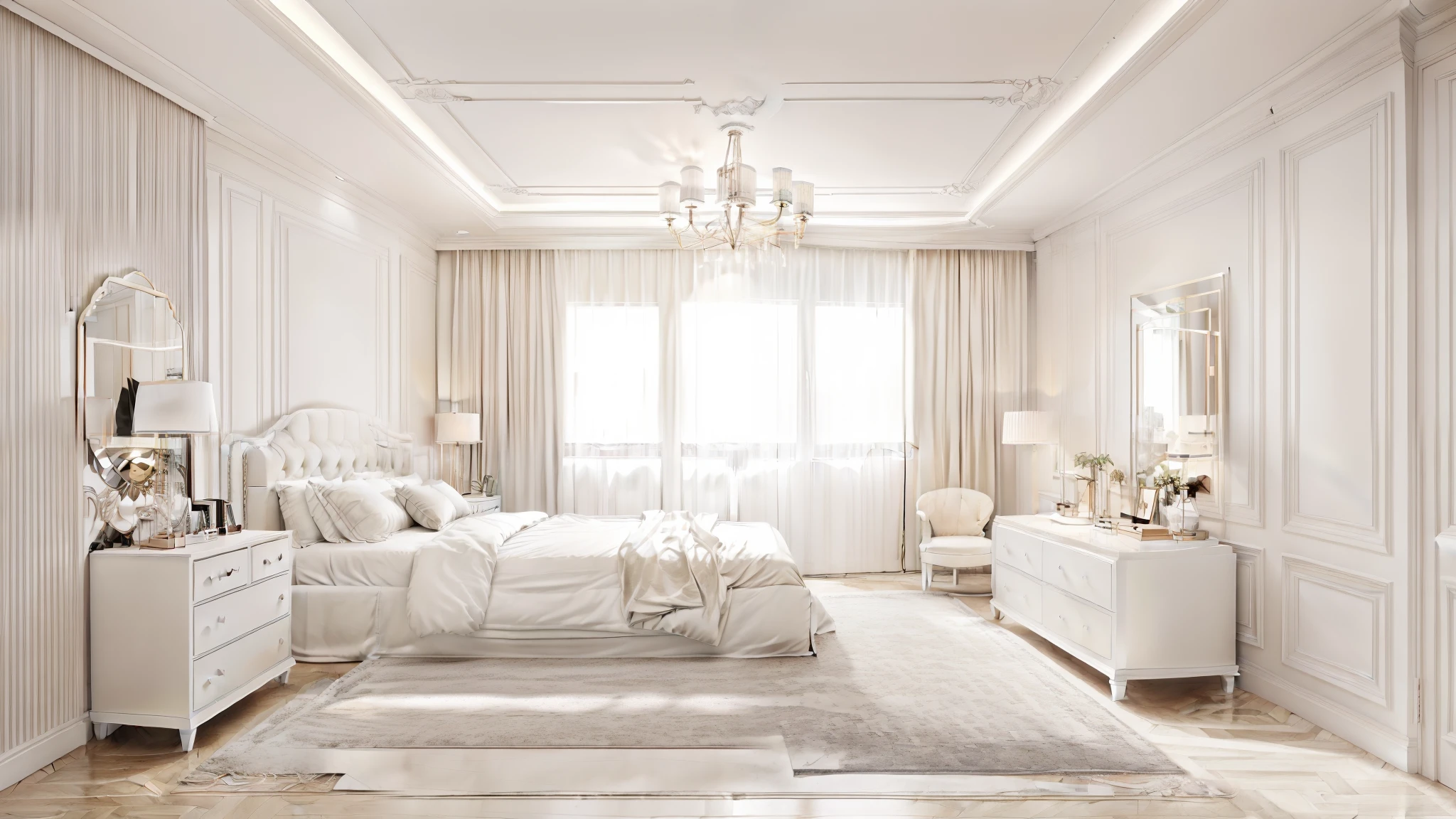 modern bedroom design, neoclassical style, image layout following the outline, 1 bed, 1 tab, 1 dressing table, 1 white curtain, 1 wall decoration, plaster ceiling flat white, (((light tone:1.3)), gray