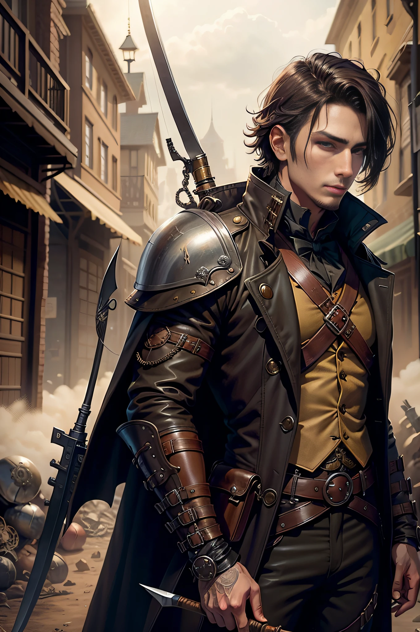Champ de bataille steampunk en trench-coat, beau jeune homme en armure de cuir, Machette mongole, brune secondaire tenant un arc et une flèche dans une main