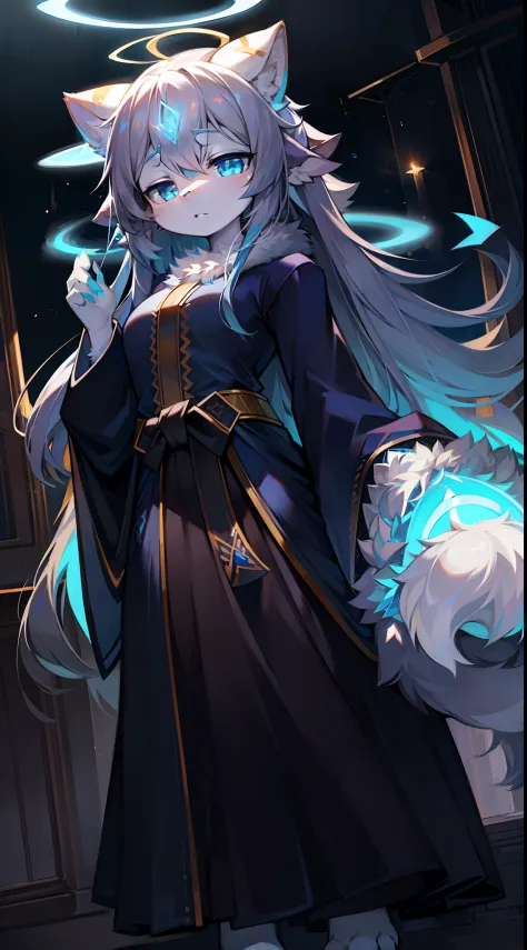 chies，Robe，Big-tailed wolf，blue color eyes，grey long hair，Halo light wings
