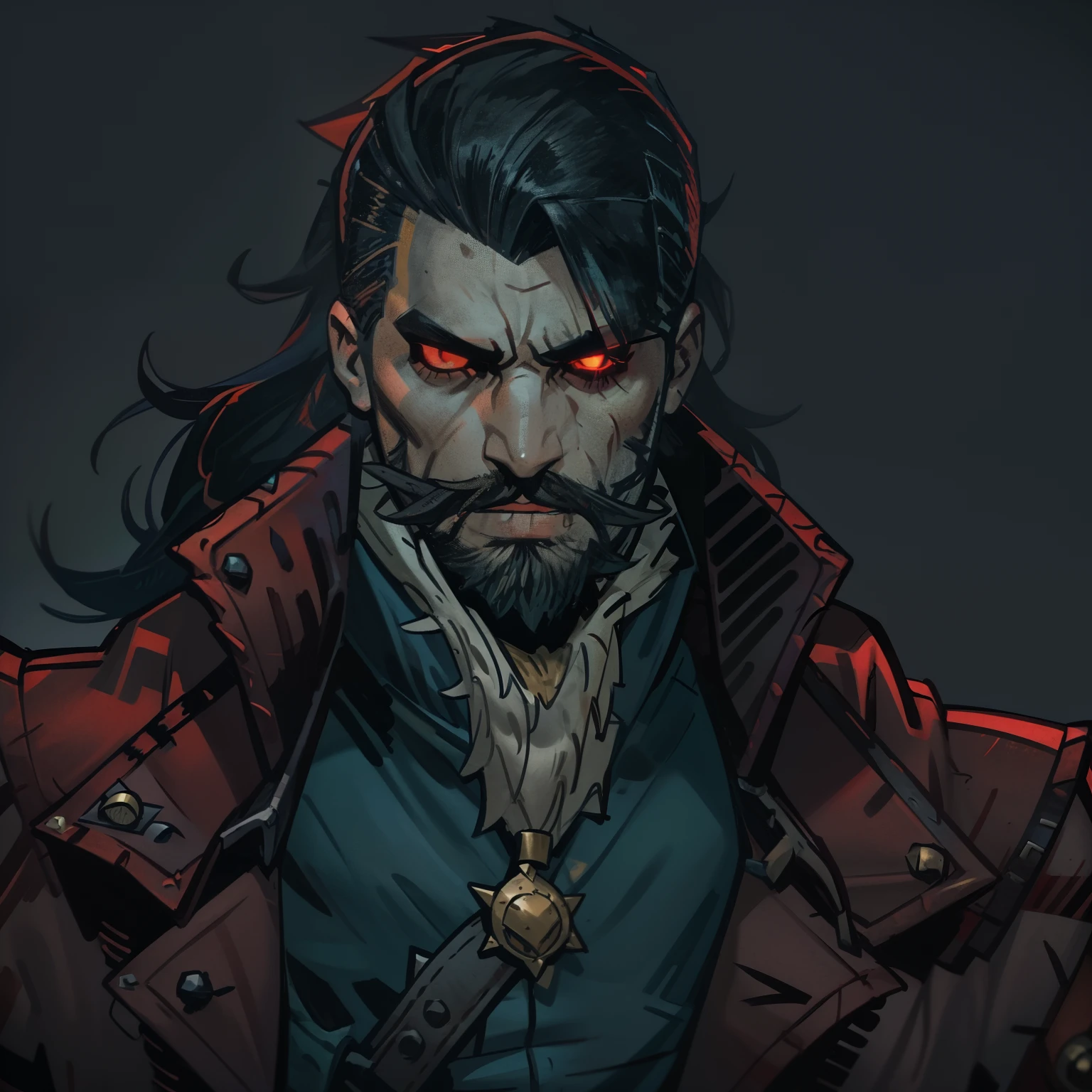 Darkest dungeon style, one man, hunk, red dragon mercenary, shoulder long hair, cruel face, short beard, glowing red eyes, dark blue hair, wearing big green classy coat, red shirt, dragon scales