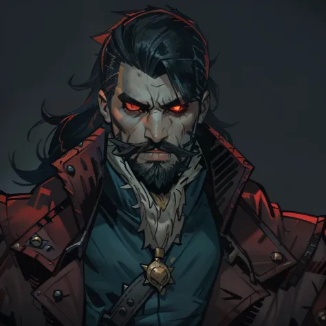 Darkest dungeon style, one man, hunk, red dragon mercenary, shoulder long hair, cruel face, short beard, glowing red eyes, dark ...