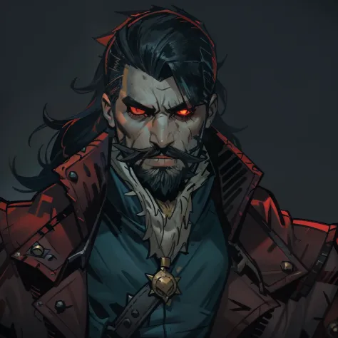 darkest dungeon style, one man, hunk, red dragon mercenary, shoulder long hair, cruel face, short beard, glowing red eyes, dark ...