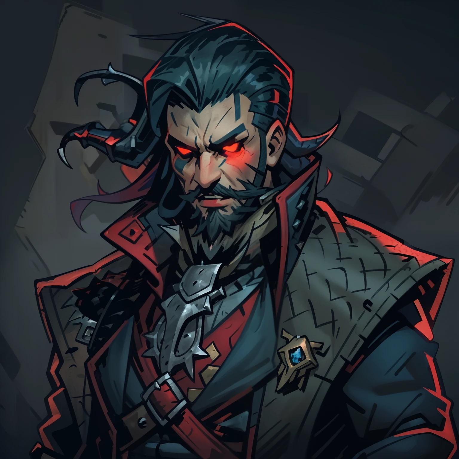 Estilo Darkest Dungeon, Um homem, pedaço, mercenário dragão vermelho, cabelo comprido nos ombros, cara cruel, barba curta, olhos vermelhos brilhantes, cabelo azul escuro, vestindo casaco verde grande e elegante, Camiseta vermelha, escamas de dragão