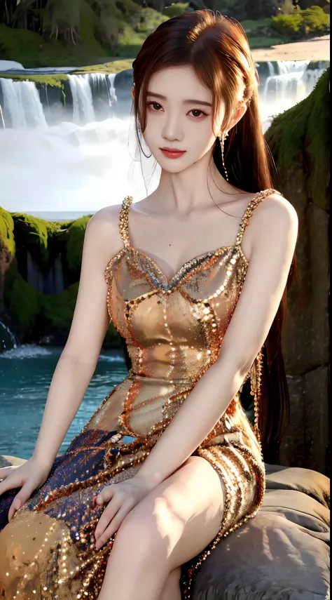 ju jingyi's face，f cup girl，hands behind body，super realistic photo of waterfall in background，best qualtiy，seductive burst brea...