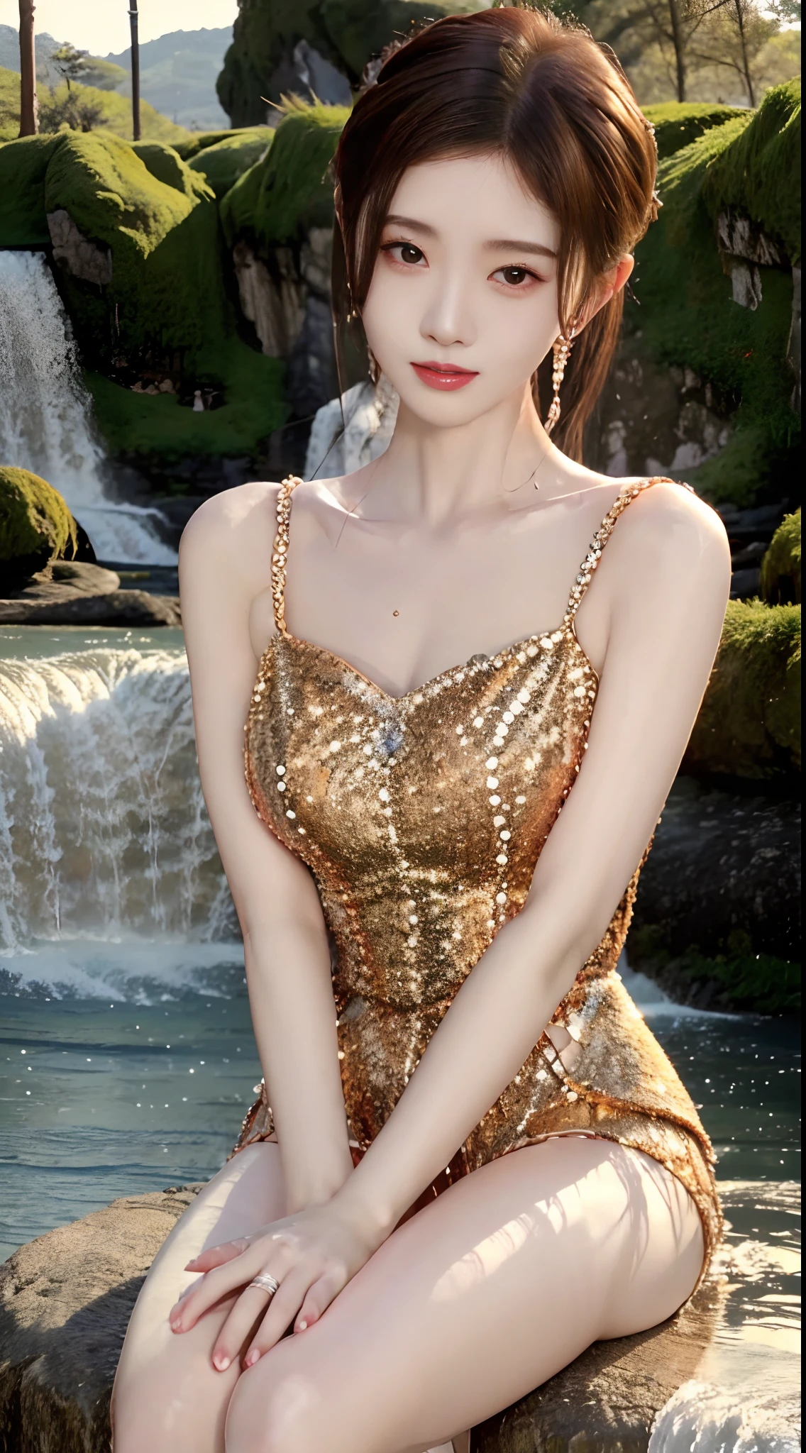 Ju Jingyi's face，F Cup Girl，hands behind body，Super realistic photo of waterfall in background，best qualtiy，Seductive burst breasts， beautifullegs，Sweet smiling，Delicate fair skin，50 million pixel quality，Exquisite and perfect facial features，detail in face，二重まぶた，tall nose bridge，Lip biting makeup，Delicate brunette hair，Feminine temperament，Fill your face light，New Chinese style modified low-cut flag blister