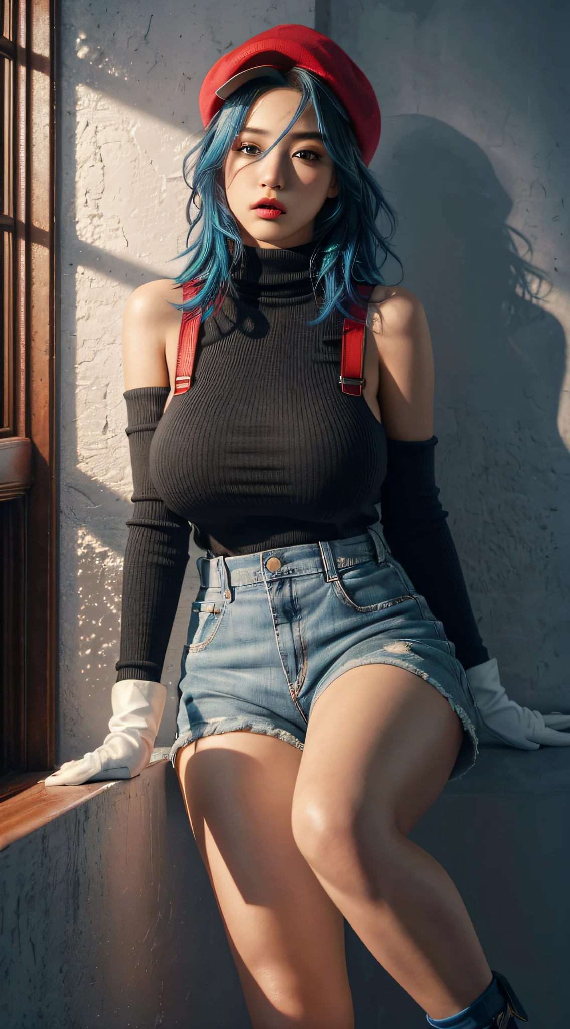 color_hair, blue_hair, brown_hair,, crazy detail, intricate detail, hyperdetail, ultra-detail, extreme detail, supreme detail, high_detail, colorful, beautiful, HDR, realistic, high resolution, ultra_high_res, photography, aesthetics, extremely_delicate,,(1girl,,makeup,blush,tall, Big breasts: 1.5, Thick legs: 1.6), ((Mario red hat)), ((Red turtleneck off-the-shoulders: 1.8)), ((Blue leather strap ultra shorts, Suspenders: 1.5)), (White gloves), (Detailed leather texture: 1.8))), Leaning against the wall, shadow projected on the wall, (White light and shadow room), Studio lighting, detailed picture details, (Masterpiece: 1.3), (best_quality:1.3), (ultra_ detailed:1.3), 8K, extremely_clear, realism, (surreal:1.3),