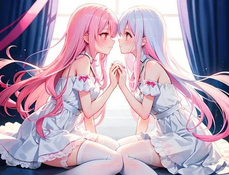 2girls，Girl1：adolable，A pink-haired，long whitr hair，white stockings，white dresses，girl 2：adolable，A pink-haired，long whitr hair，...