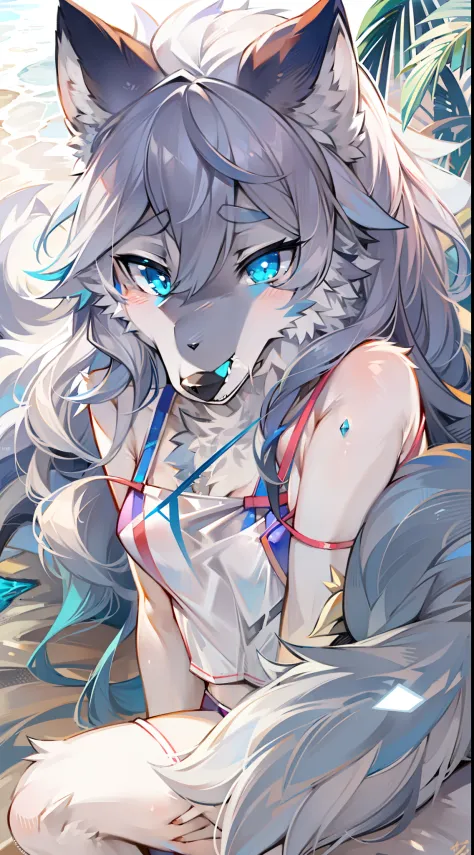 sandbeach，swim wears，Big-tailed wolf，blue color eyes，Gray all over，Female，long whitr hair