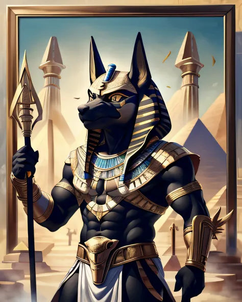 painting of a man in a white outfit with a gold mask and staff, the angry god anubis, egyptian god, egyptian god of wind, egypti...