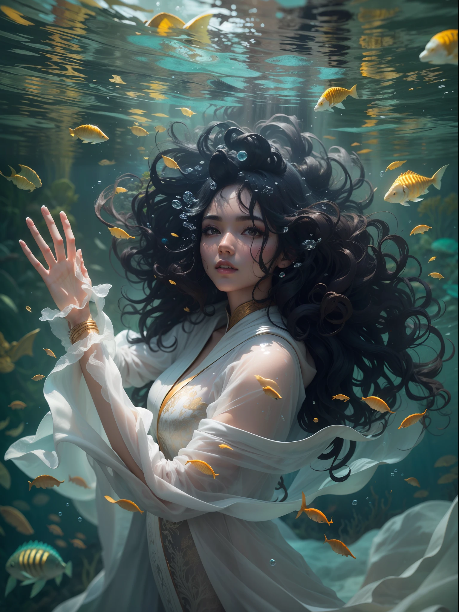 A woman in a white dress is standing under water with fish - SeaArt AI