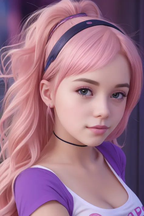 solo, very detailed, detailed face, pokidiffusion, picture of a beautiful girl with pink hair wearing colorfull t-shirt, soft sm...