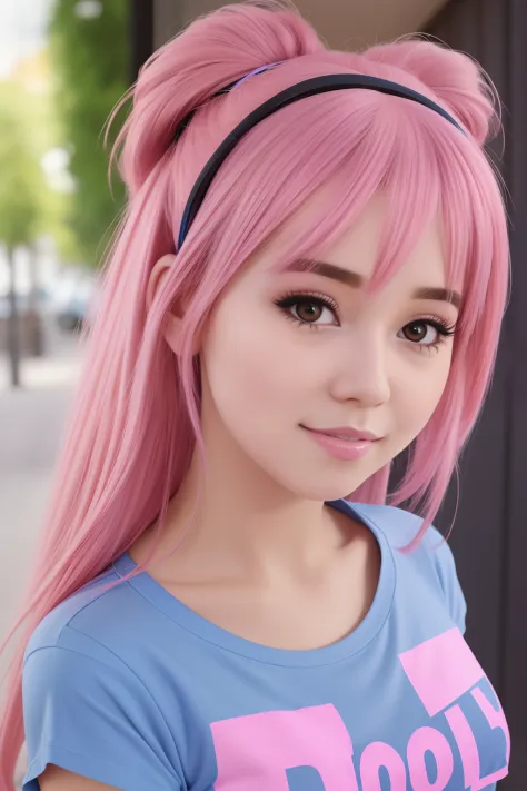 solo, very detailed, detailed face, pokidiffusion, picture of a beautiful girl with pink hair wearing colorfull t-shirt, soft sm...