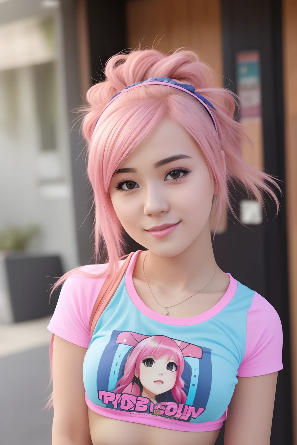 solo, very detailed, detailed face, pokidiffusion, picture of a beautiful girl with pink hair wearing colorfull t-shirt, soft smile, outside in a common place, upper body, deepthroat, suck dick