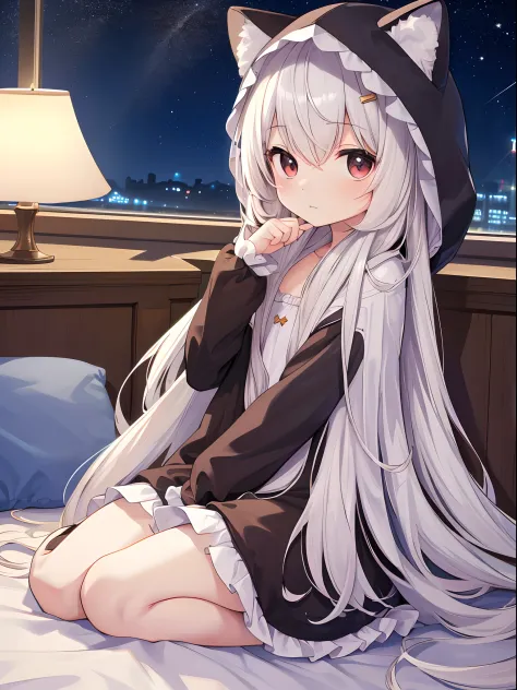 Loli, solo focus, full body, sitting, dynamic angle, white hair, flat chest, frilled, 3yo, brown hair, long hair, night, starry sky, dark, sleepy, want to sleep, animal ears hood, A young girl in pajamas holding a large stuffed animal, with a shy expressio...