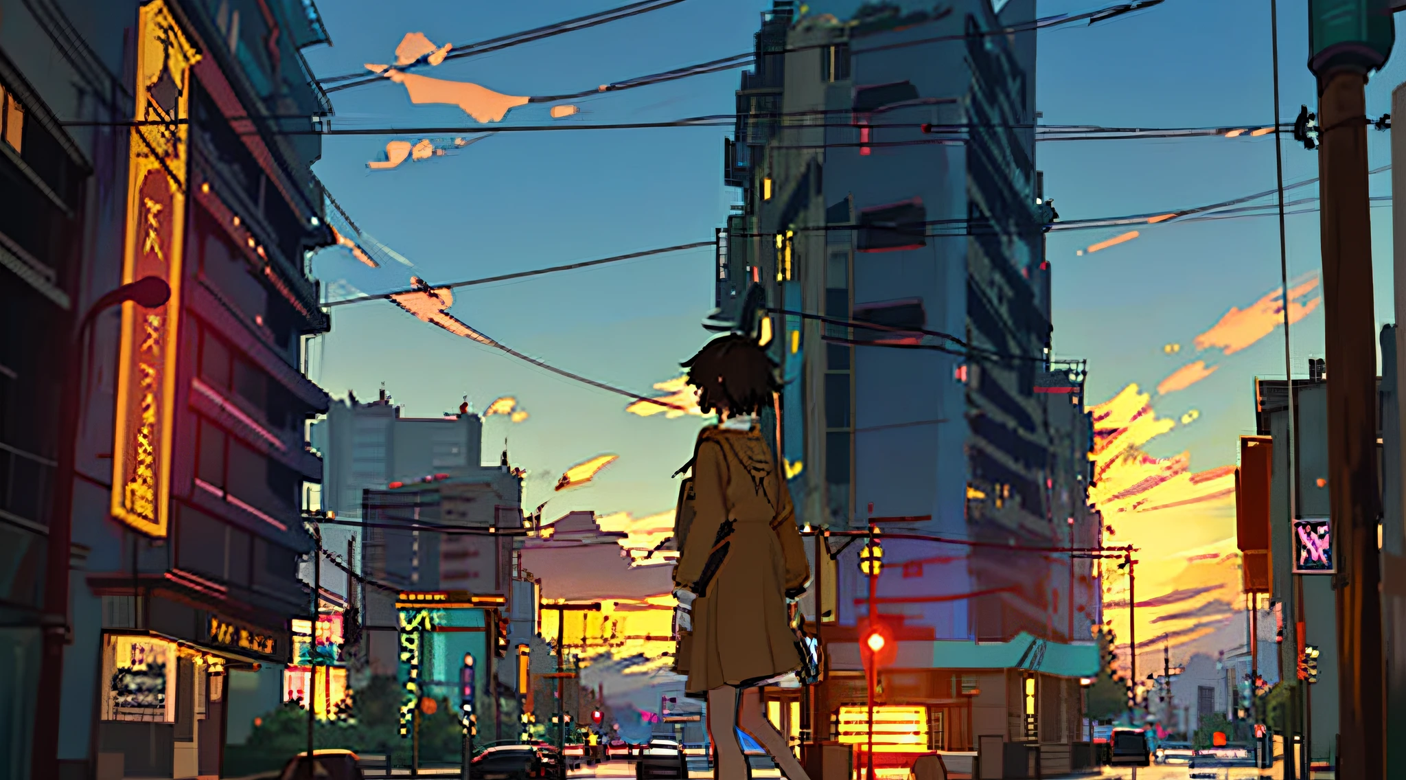 Sunset on city streets，There is a puddle of water on the ground, beautiful anime scenes, hd anime cityscape, Makoto Shinkai's style, By Makoto Shinkai, By Makoto Shinkai, Anime background art, anime style cityscape, Anime Sky, beautiful anime scenery, anime big breast. By Makoto Shinkai, Cosmos Sky. By Makoto Shinkai