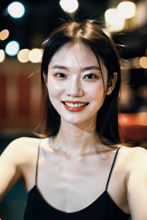 1girl, idol, model, depth of field, photo, film, face, skinny, smile, collarbone,  teeth, movie, camisole, selfie, night,