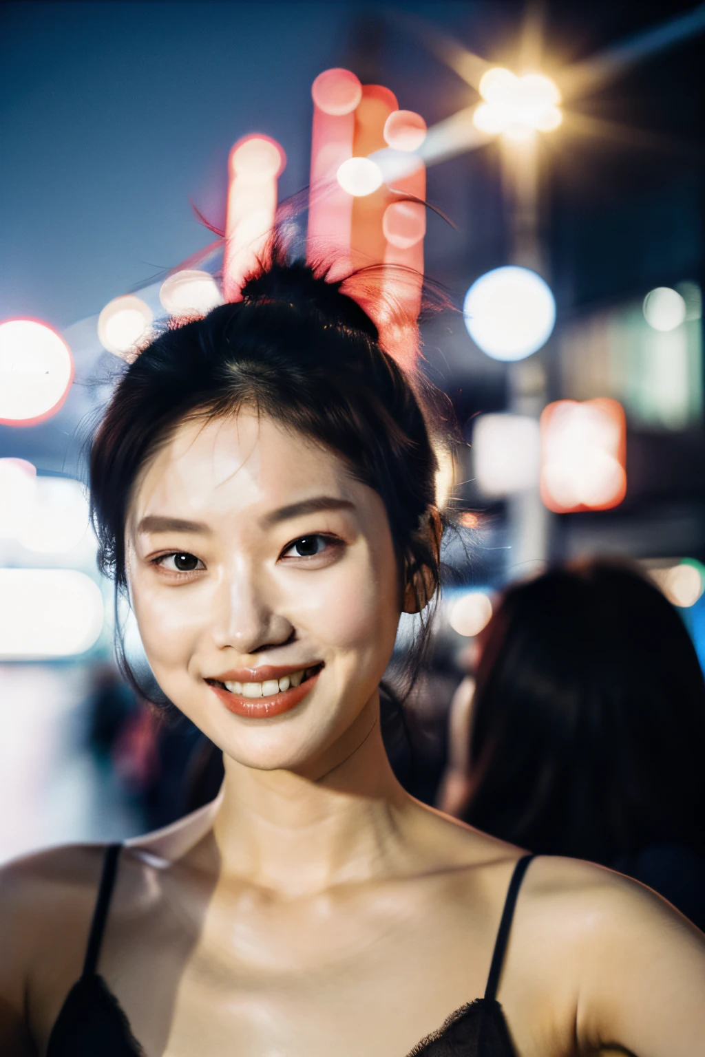 1girl, idol, model, depth of field, photo, film, face, skinny, smile, collarbone,  teeth, movie, camisole, selfie, night,