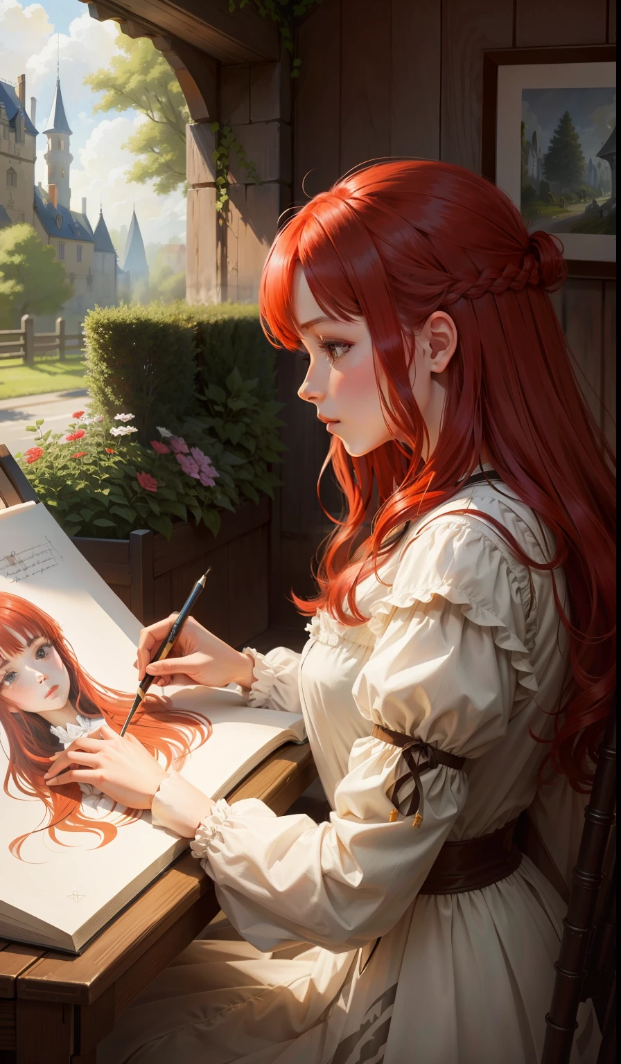 （（（（（（（romanticism lain）））），high high quality，straight from real life），A woman draws a picture，tree shade，Intense and voluminous red hair，A flowing dress，European Middle Ages，photo from the side）