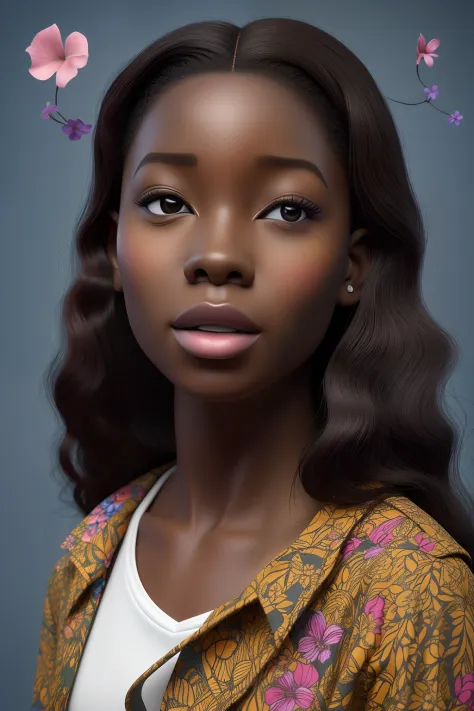 Retrato realista estilo 3D da menina africana africana de 9 meses de idade ((cor da pele marrom escura)) na rua da cidade, pose ...