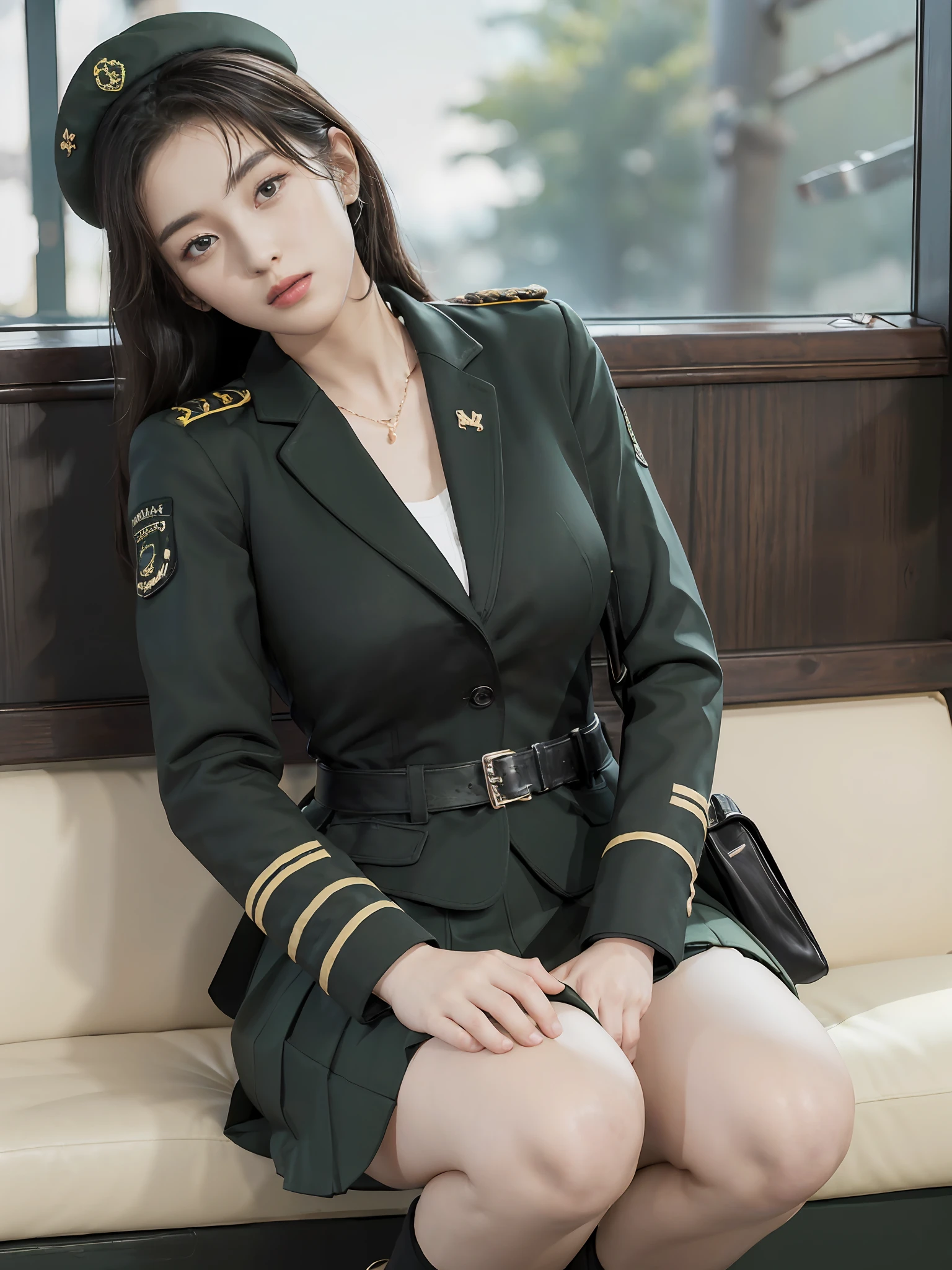 Very detailed CG unity 8K wallpaper，（tmasterpiece），（best qualtiy），（ultra - detailed），（Ultra photo realsisim），（best character detail：1.36），Nikon D750 f / 1.4 55mm，profesional lighting， physically-based renderingt, 1girll, Female soldier，army suit，Green military uniform，Fabric texture military uniform，Pure white lining，Dark green tie，Army green skirt，military hat，Black hair，the golden ratio,[:(com rosto detalhado:1.2):0.2]:,PureErosFace_V1, broad shoulder,(Bigchest:1.5),(big assa:1.5)，Wide buttock ，Bare legged，Plump legs，Move the center of gravity back，Squat on the grass，Spread your legs apart，The skirt covers the bottom of the skirt，whitestocking，Small black leather shoes，hands lying on thighs，Soaked with sweat，red flags，At the cafe，Night Street，bright sun，Look at the audience from the front，Bright smile，White teeth，lighting，Contre-Jour，