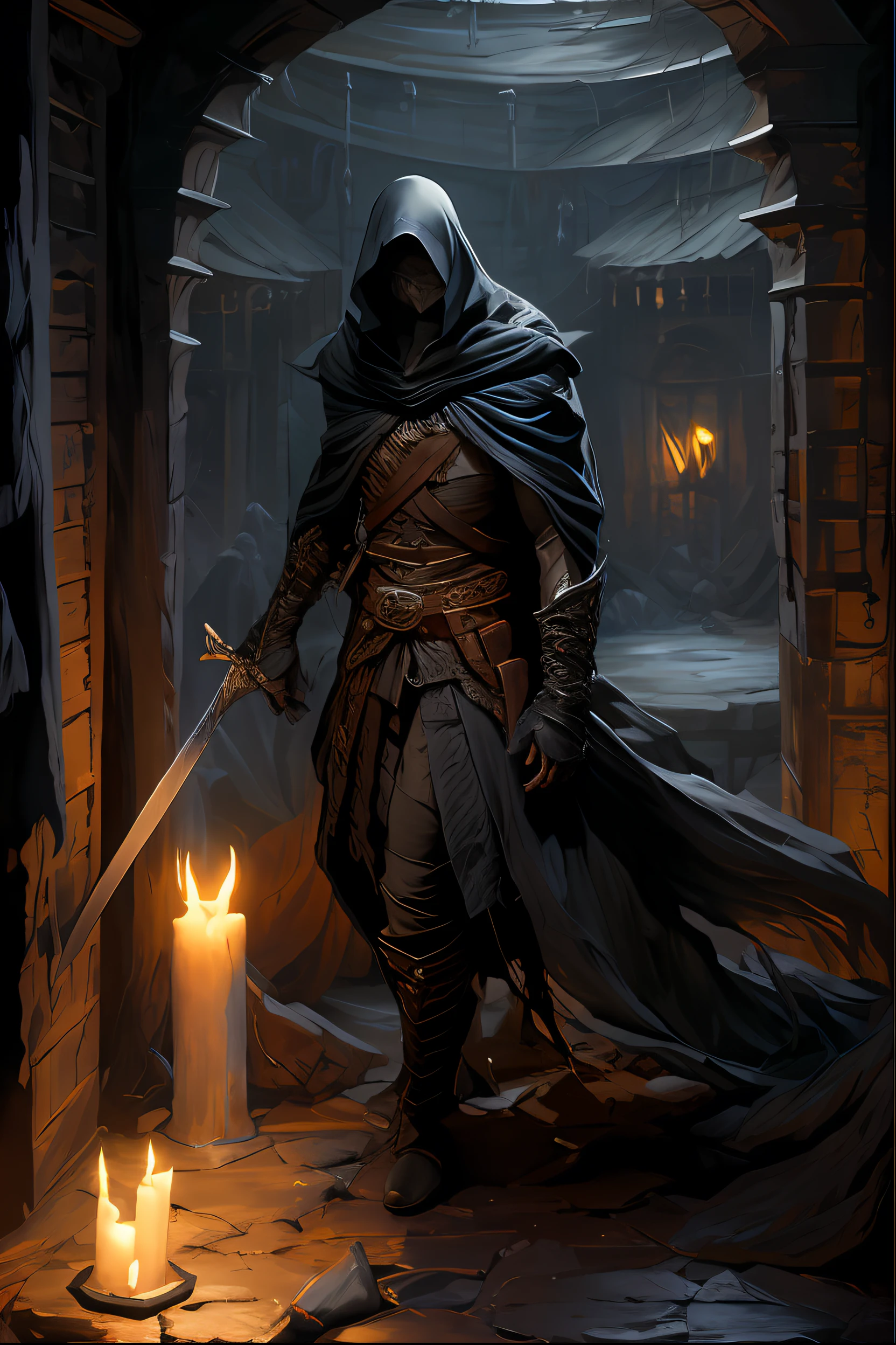 um close up de um homem com uma espada em um quarto escuro, long sword in hands, Wraith com capuz escuro, necromante de capa escura, design de personagens de fantasia sombria, guerreiro das trevas, Nazgul, assassino sinistro, conceito de alma escura, fantasy ttrpg villain, segura uma espada preta, figura escura encapuzada, arte conceitual de fantasia sombria, arte de estilo fantasia escura, thief warrior, Camuflada