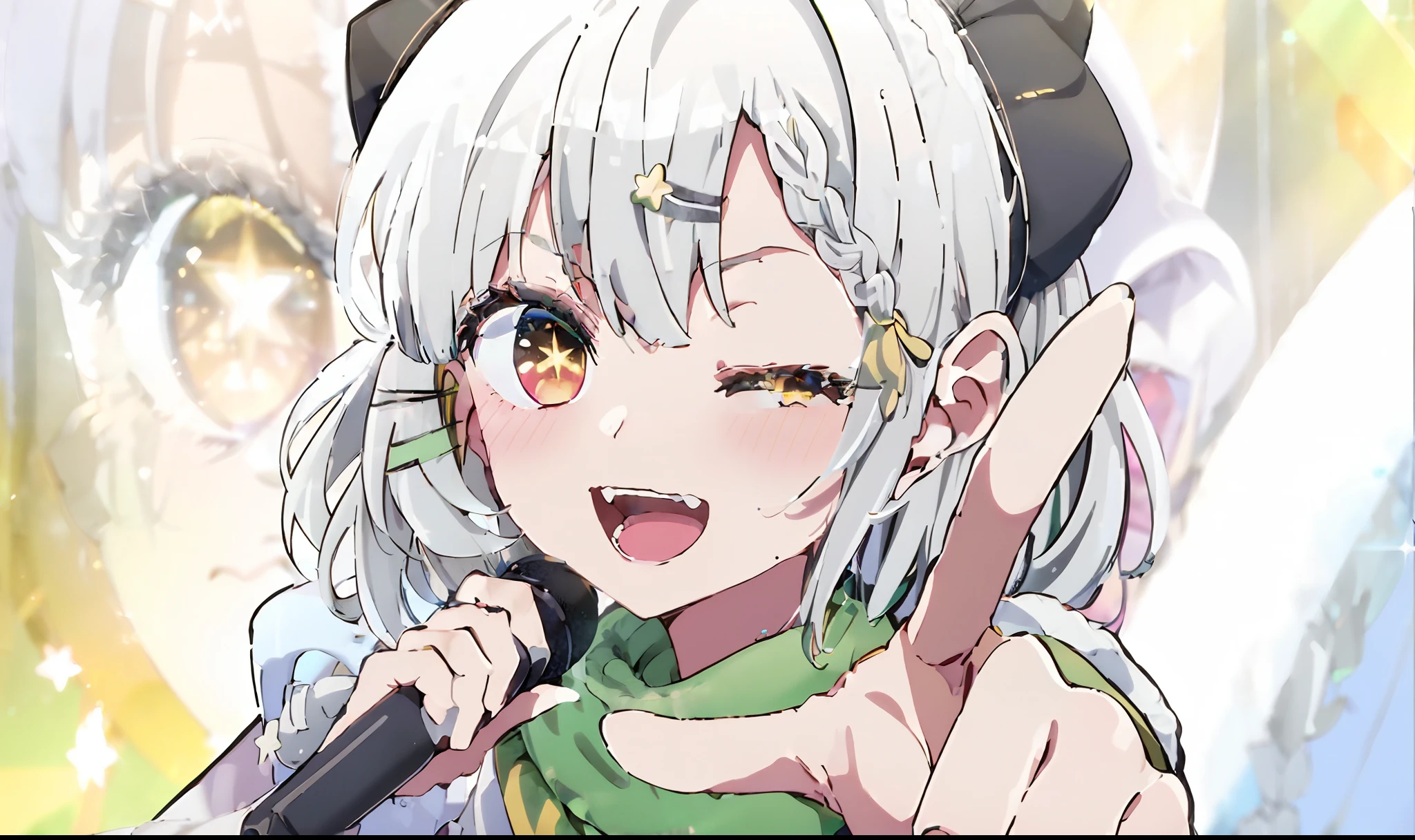 Short hair,Shining eyes,(White idol costume),(Matcha scarf:1.5), Green hair accessories,  Radiant eyes, Sing with your mouth open,(((White hair))), ,((((((french braid)))))),(((((Dark gray corners))))),(((((Yellow eyes))))),(Handheld black microphone),(Golden light ),face,,((Singing)),aiming at viewer,((Point one finger at the viewer)),Striped hair, (Star-shaped pupils:1.4),(One eye closed:1.4),((((Green hairpins)))),