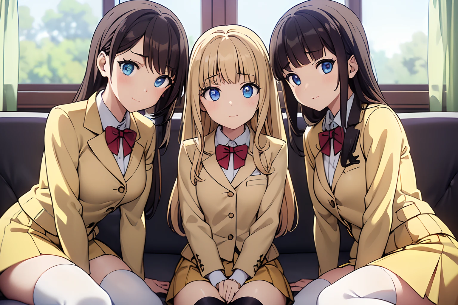 ((masterpiece, best quality, 8k, highres:1.1)), yellow , highleg, hazel eyes, yellow blazer, medium breasts, yellow pencil skirt, white thighhighs, white thighhigh socks, black high heels, (brown hair, yellow hair, black hair, red hair, curly hair, long hair), (5girls, family pic, identical sisters, clones), ((matching hairstyles, matching faces, same eye color, matching outfits))