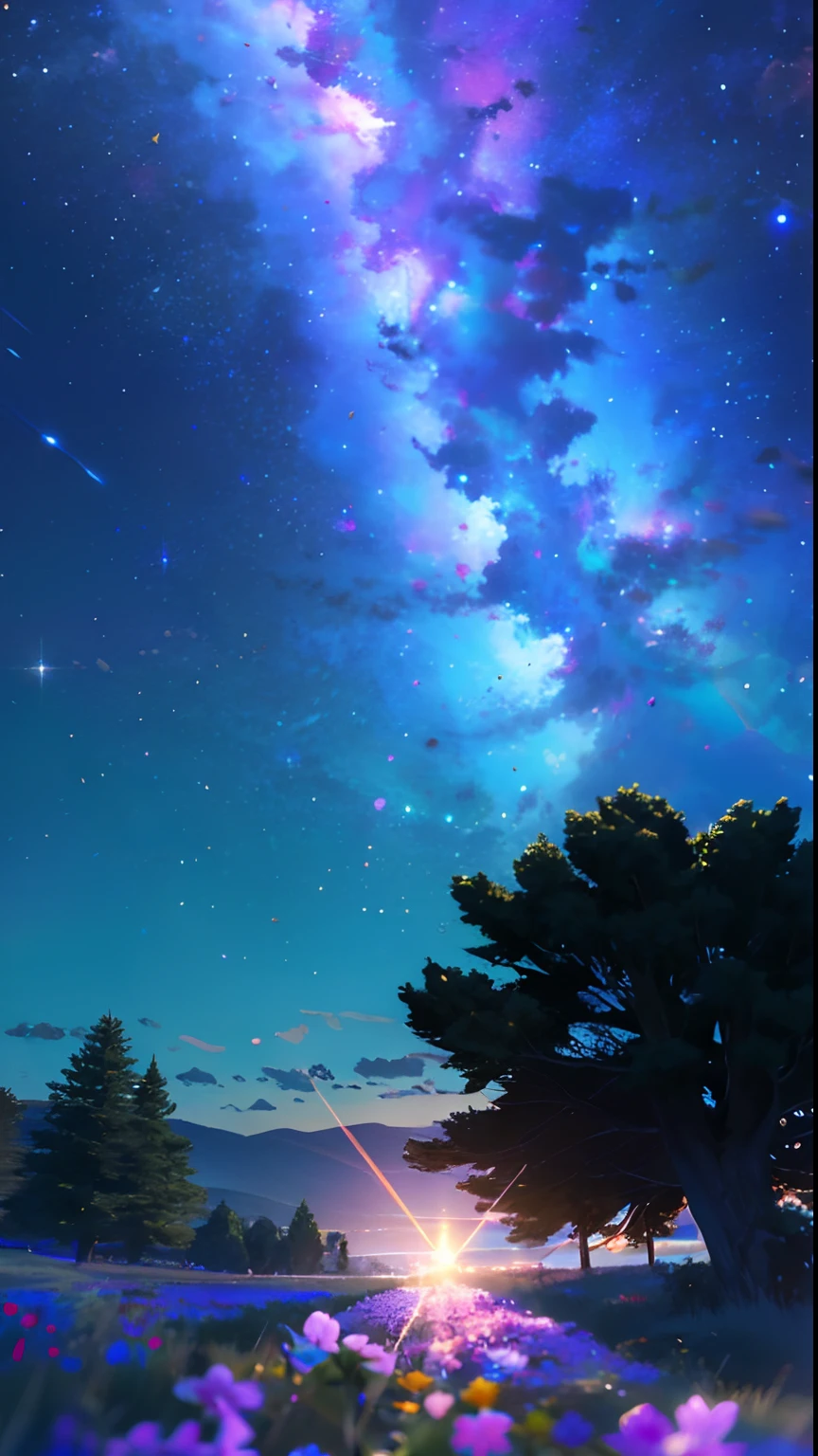 High Quality, high-detail, Bright starry sky, Multicolored Flowers ...