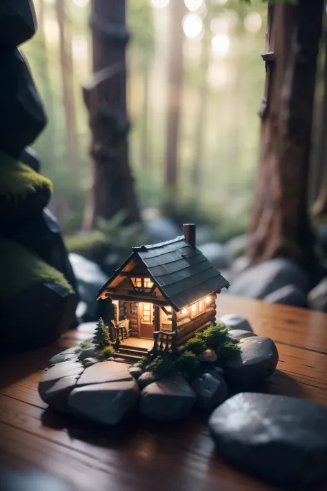 A tiny cabin (Masterpiece, Best Quality, High Quality, Highres:1.4), Detailed, Extremely Detailed, Ambient Soft Lighting, 4K,Blurry, Blurry Background, Depth of Field, Bokeh, DOF, Fog, Bloom Outdoors, (Nature, fantasy forest:1.2), (Rocks:1.2), sunny, sunli...