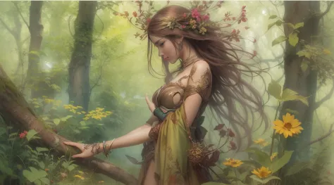 Mulher elfa, roupas verdes, full body standing on a forest, flores e folhas, Fundo da floresta muito iluminado com muitas flores...