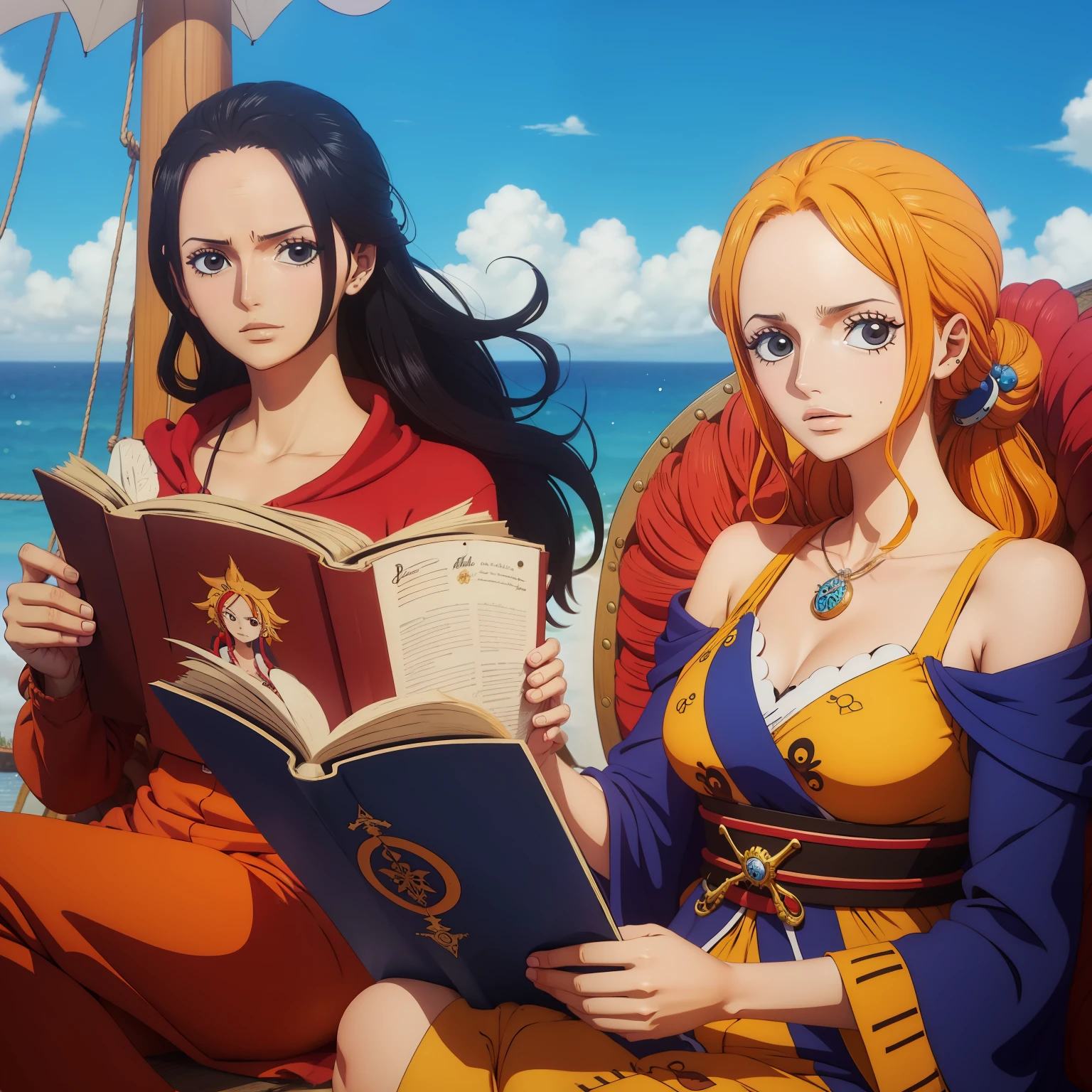 Two anime characters sitting on a boat reading a book（nami (one piece)) -  SeaArt AI