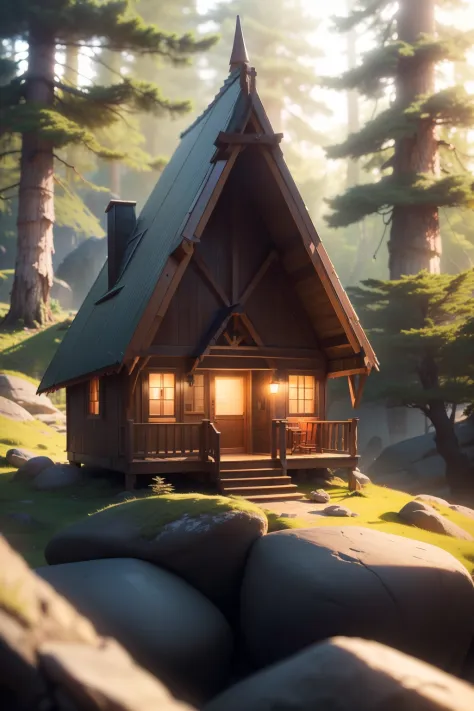 A tiny A-frame house (Masterpiece, Best Quality, High Quality, Highres:1.4), Detailed, Extremely Detailed, Ambient Soft Lighting, 4K,Blurry, Blurry Background, Depth of Field, Bokeh, DOF, Fog, Bloom Outdoors, (Nature, fantasy forest:1.2), (Rocks:1.2), sunn...